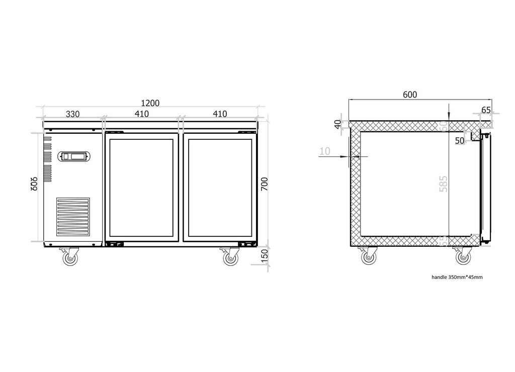 Under Bench Glass Door Fridge 1200mm/CUR12-2SG-600(600mm depth)