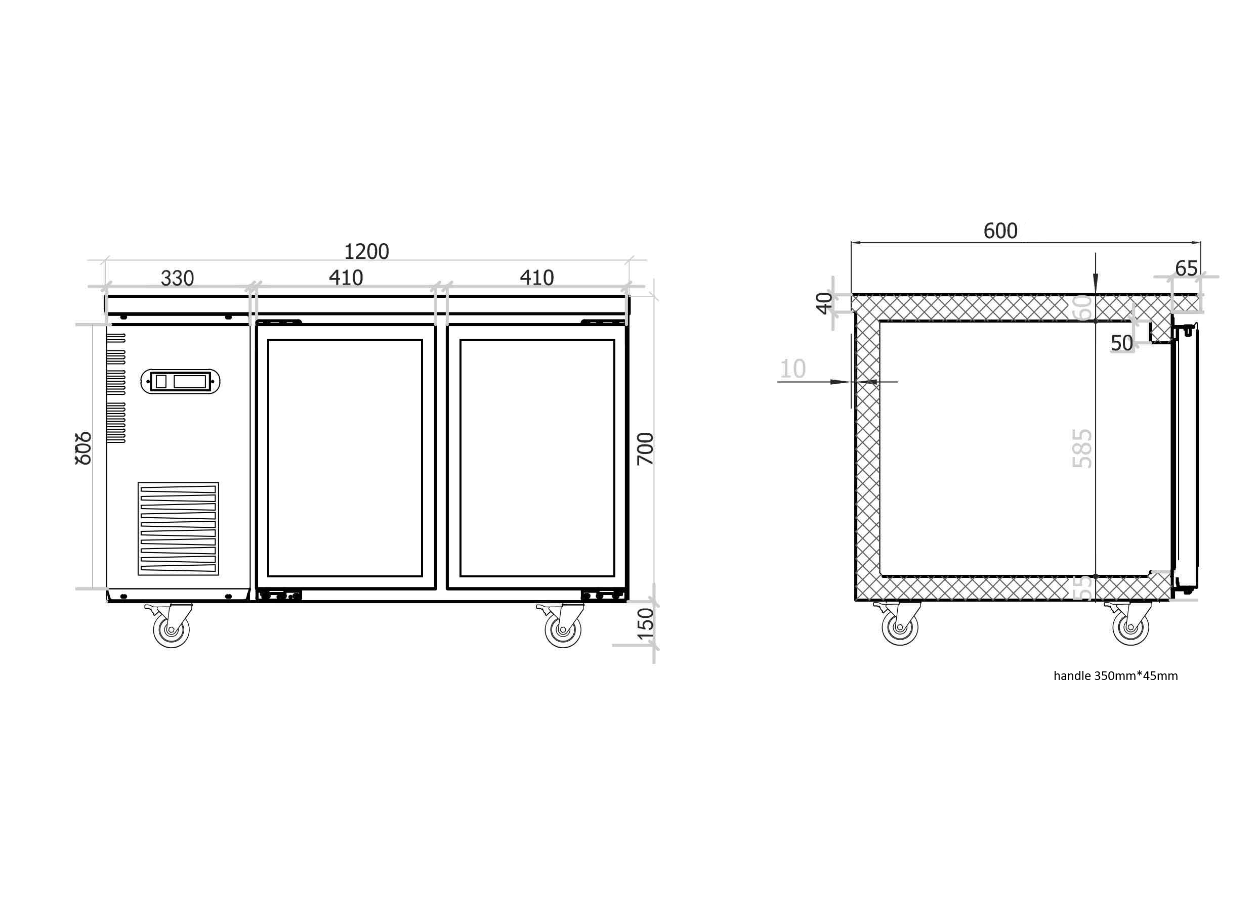Under Bench Glass Door Fridge 1200mm/CUR12-2SG-600(600mm depth)