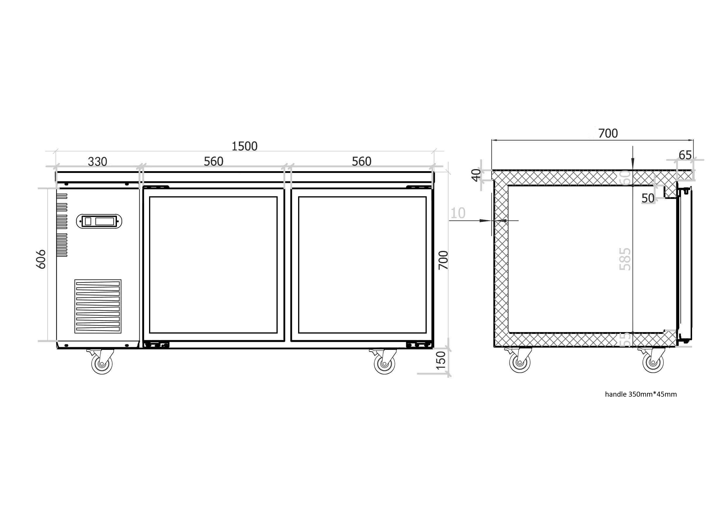 Under Bench Glass Door Fridge 1500mm/CUR15-2SG