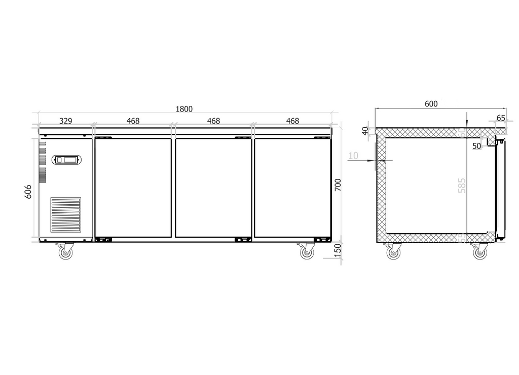 Under Bench Fridge 1800mm/CUR18-3-600 (600mm depth)