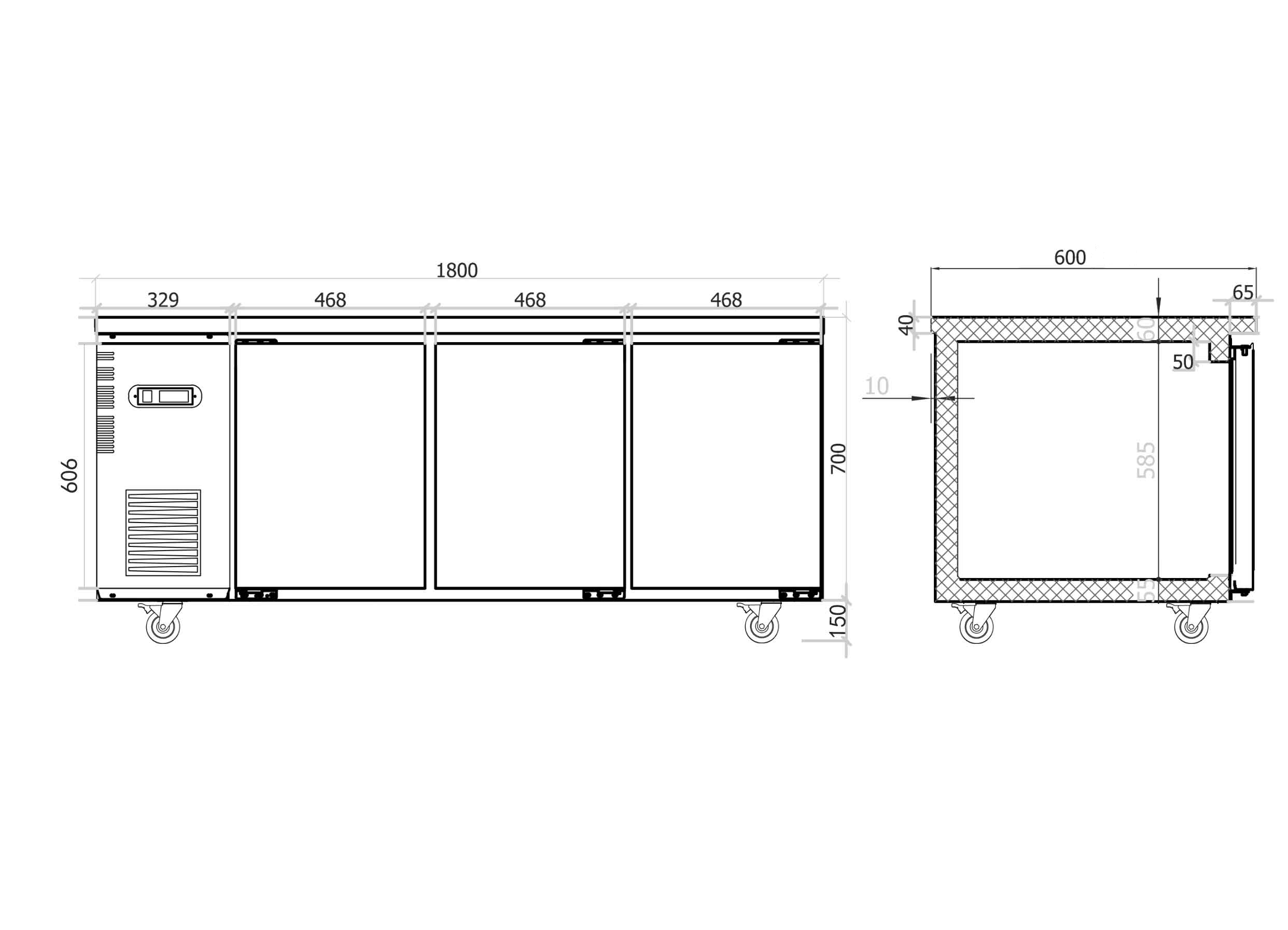 Under Bench Freezer 1800mm/CUF18-3-600 (600mm depth)