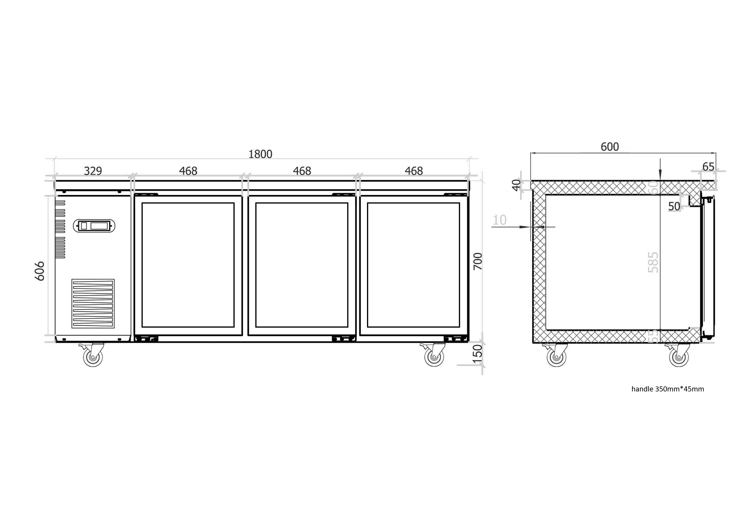 Under Bench Glass Door Fridge 1800mm/CUR18-3SG-600 (600mm depth)