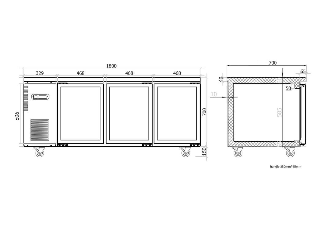 Under Bench Glass Door Fridge 1800mm/CUR18-3SG