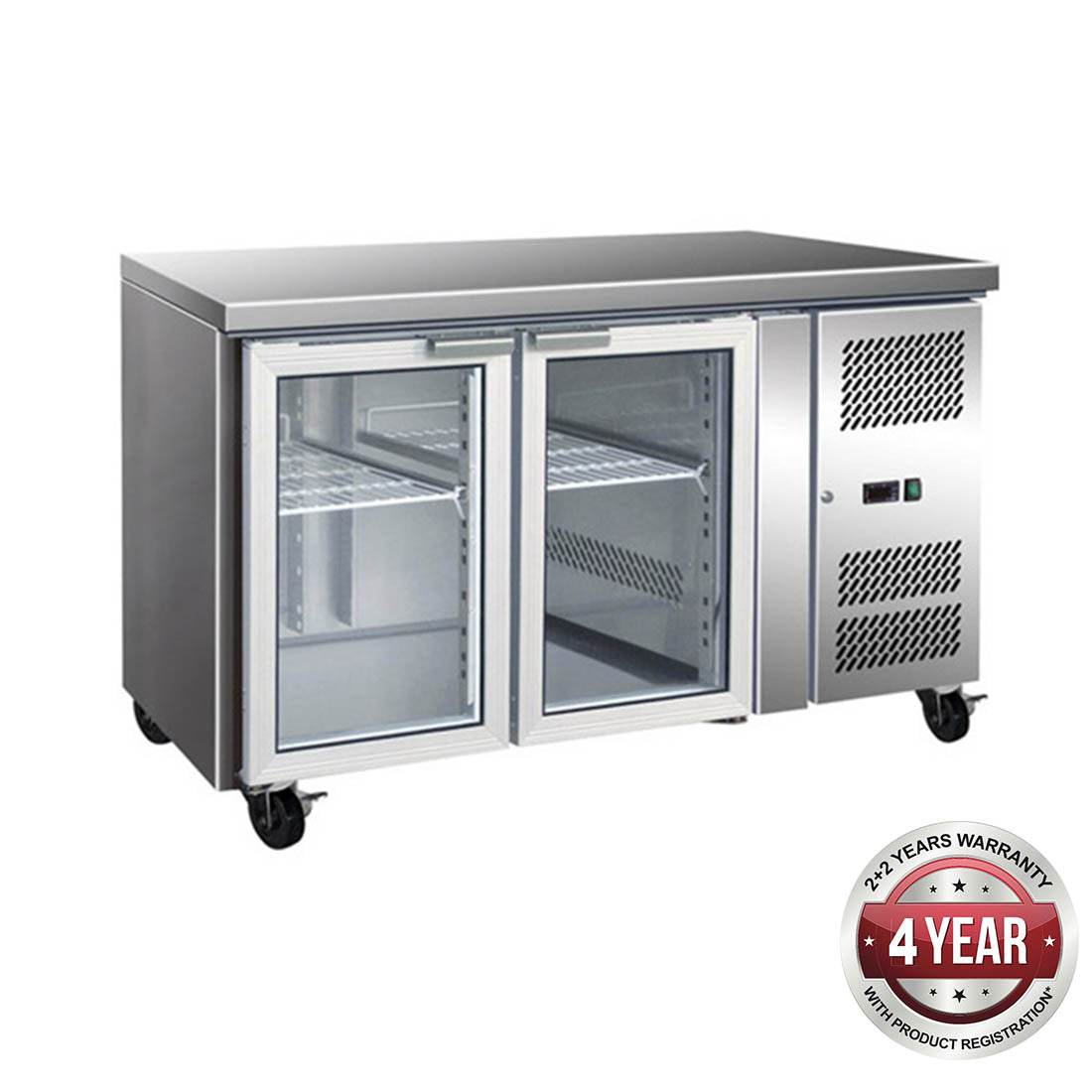 GN2100TNG - 2 GLASS DOOR GASTRONORM BENCH FRIDGE
