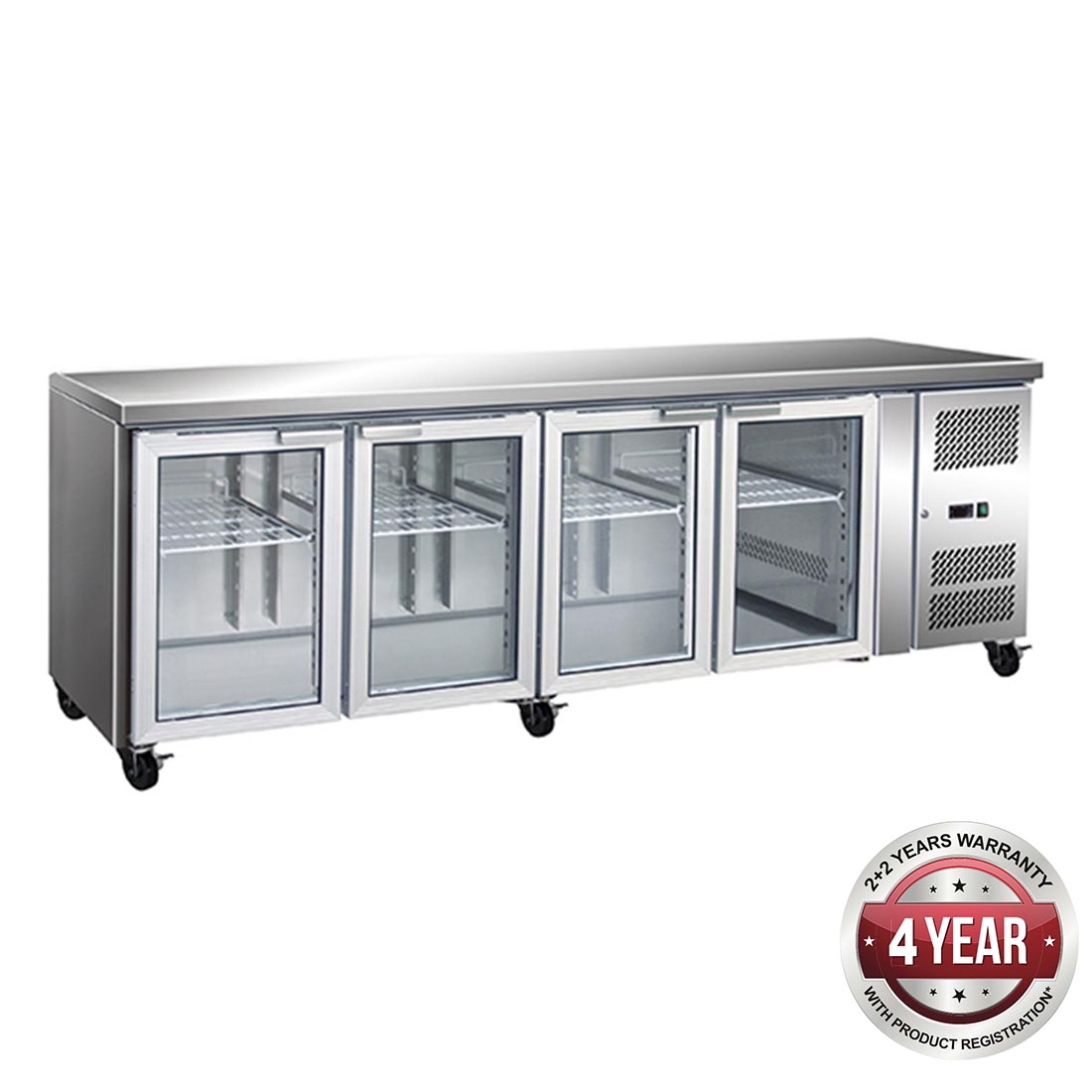 GN4100TNG - 4 GLASS DOOR GASTRONORM BENCH FRIDGE